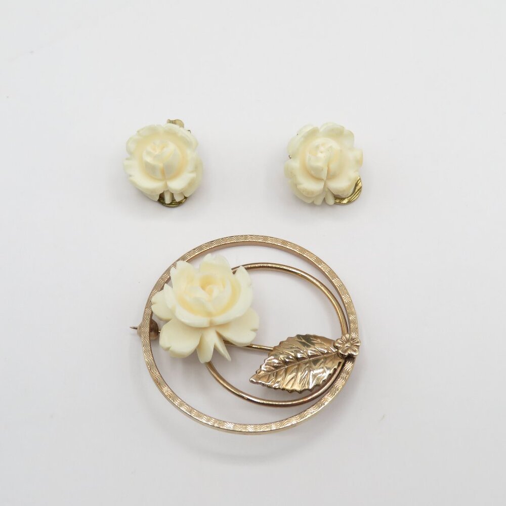 Vintage Winard 12K Gold Filled White Carved Rose Brooch and Earrings Set